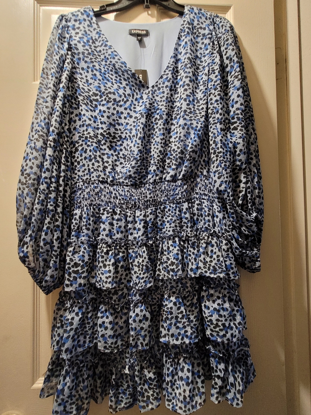 Express Blue Animal-Print Tiered V-Neck Dress